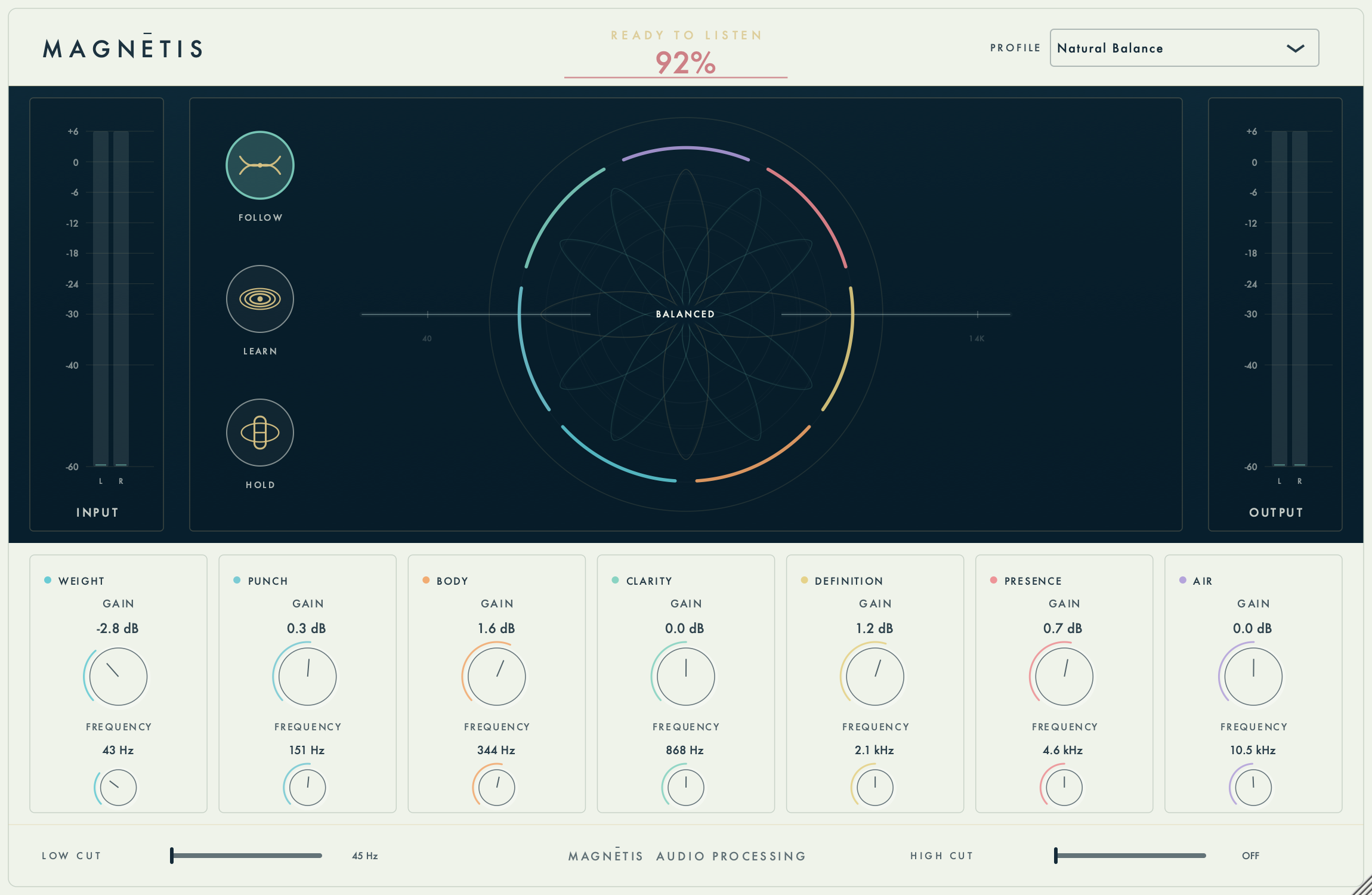 Magnetis Harmonic Compass EQ 1.2.8 interface following a mix with Natural Balance selected